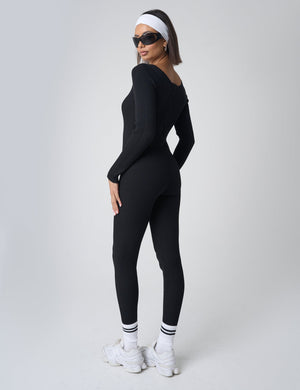 Tie Front Ribbed Long Sleeve Unitard Black