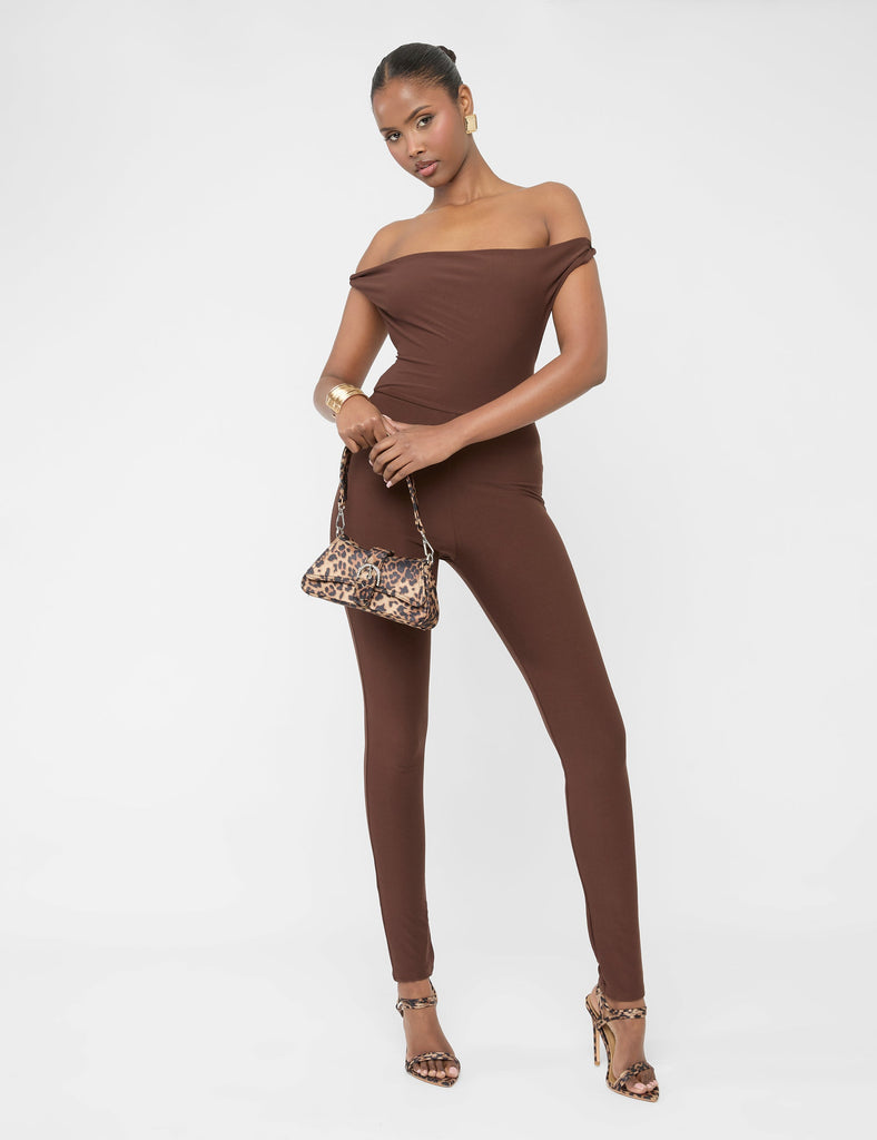 Twist Back Detail Off The Shoulder Luxe Slinky Jumpsuit Brown