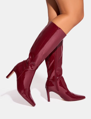 Pose Burgundy Patent Zip Knee High Slim Block Heeled Boots