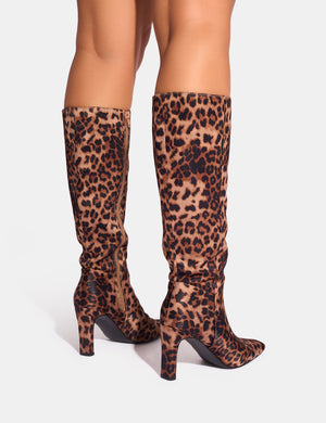 Pose Leopard Wide Fit Zip Up Knee High Slim Block Heeled Boots