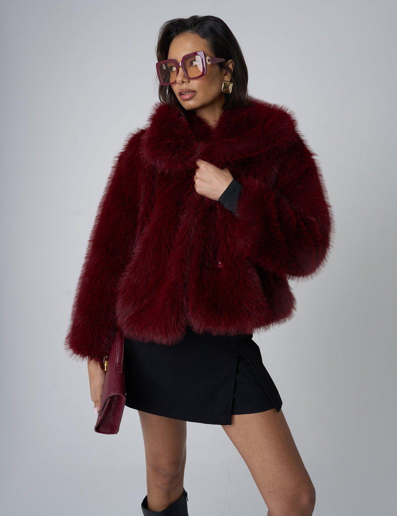 Oversized Collar Faux Fur Jacket Burgundy