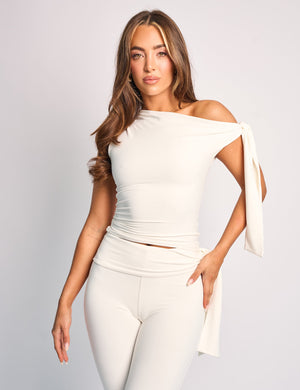 Knot Detail Asymmetric One Shoulder Luxe Slinky Top White