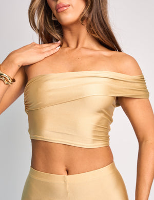 One Shoulder Fold Over Crop Top Co Ord Gold