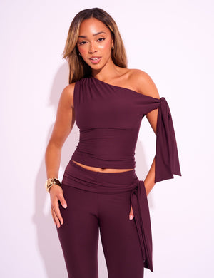 Knot Detail Asymmetric One Shoulder Luxe Slinky Top Burgundy