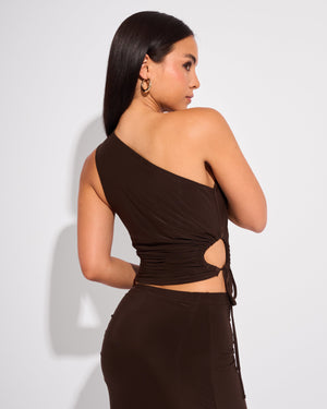 Slinky Ruched Detail One Shoulder Top Chocolate