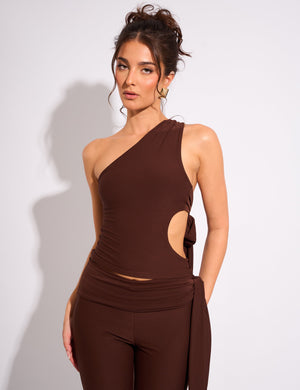 Tie Back Luxe Slinky One Shoulder Top Chocolate