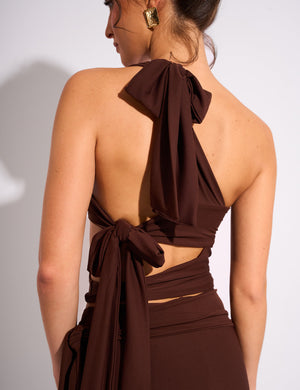 Tie Back Luxe Slinky One Shoulder Top Chocolate