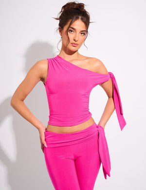 Knot Detail Asymmetric One Shoulder Slinky Top Hot Pink