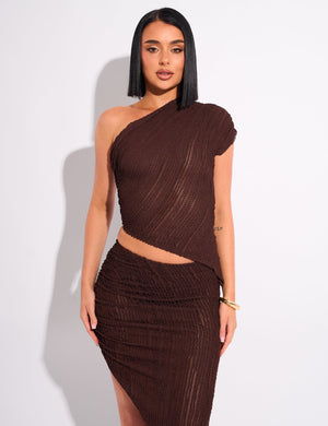 Textured One Shoulder Top Chocolate