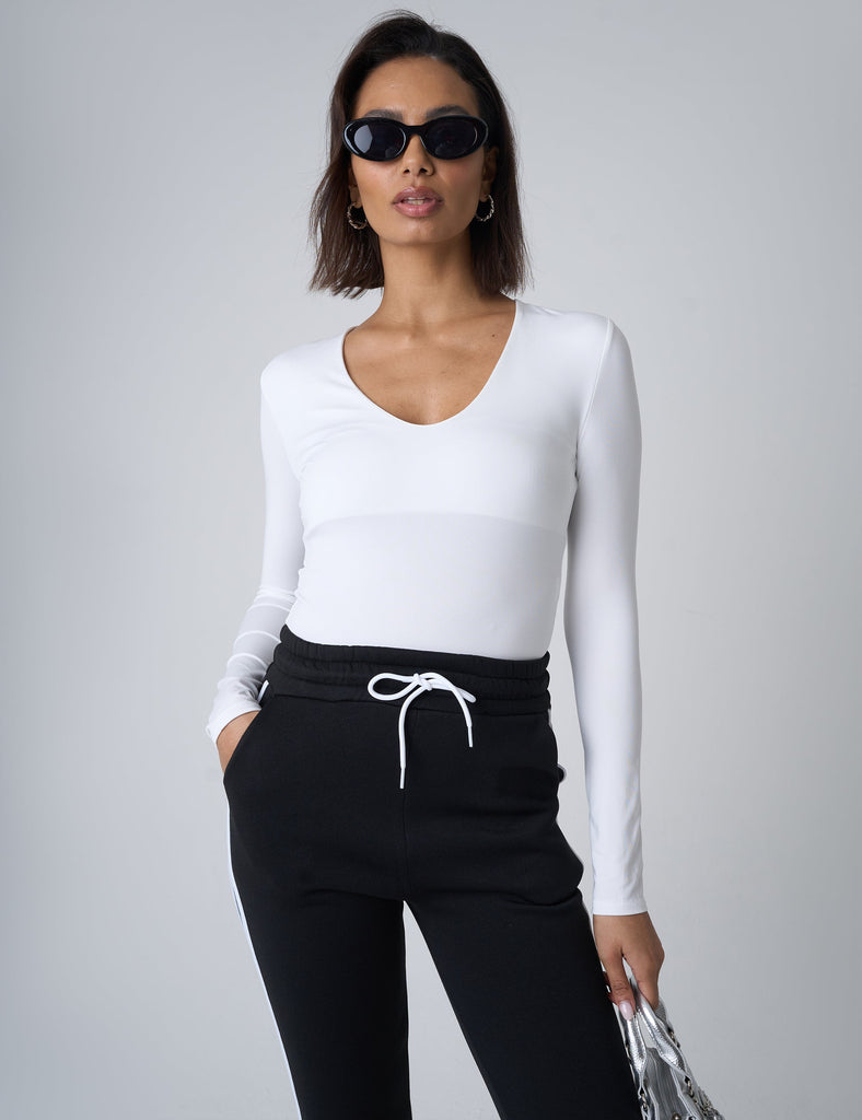 V Neck Long Sleeve Bodysuit White