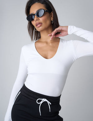 V Neck Long Sleeve Bodysuit White