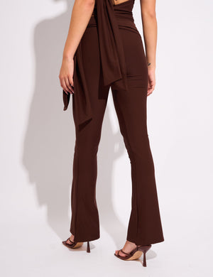 Knot Detail Tie Side Luxe Slinky Trousers Chocolate