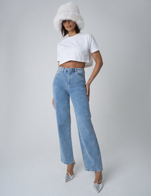 Clear Diamante Straight Fit High Rise Demin Blue Jeans