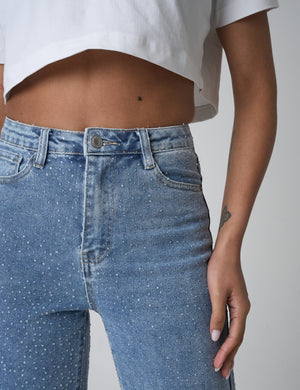 Clear Diamante Straight Fit High Rise Demin Blue Jeans