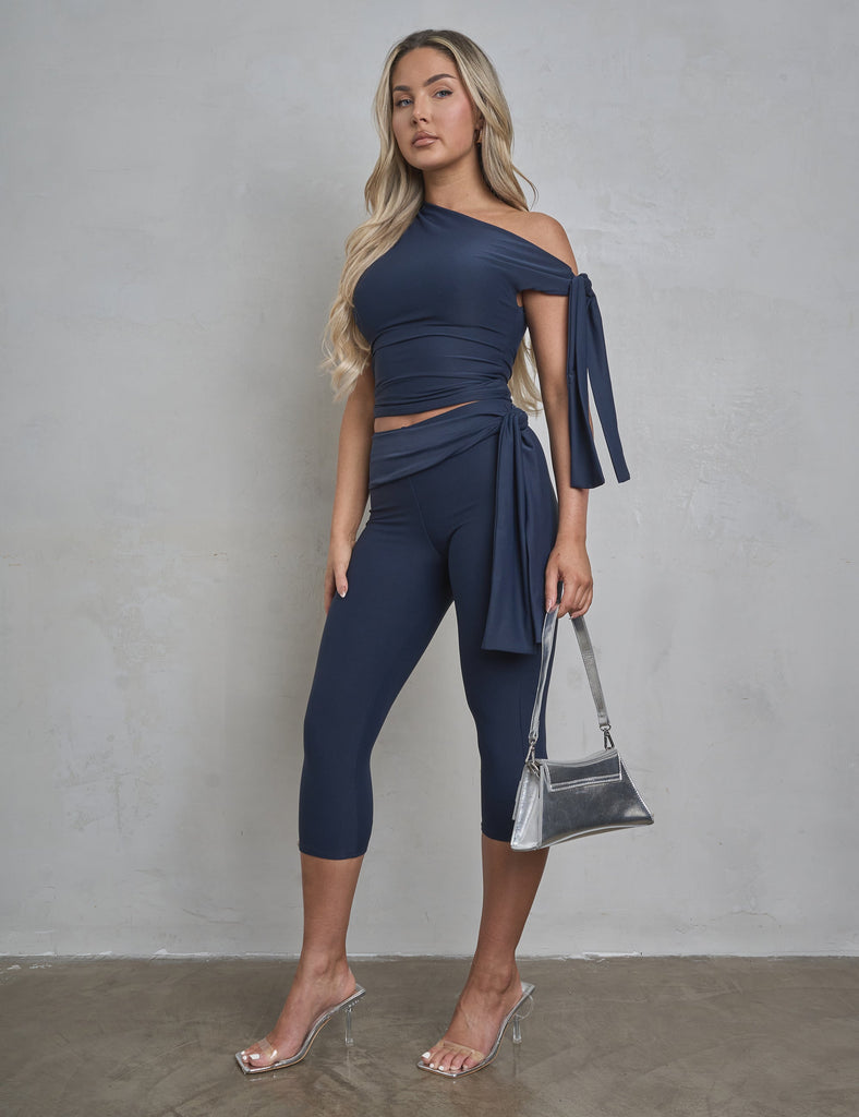 Knot Detail Tie Side Luxe Slinky Capri Pants Navy