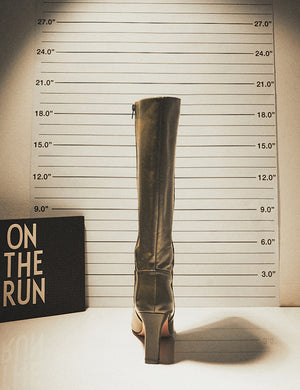 Pose Olive Textured Patent Pu Zip Up Knee High Slim Block Heeled Boots