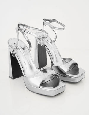 Resist Silver Mirror Peep Toe Barely There Platform Heels