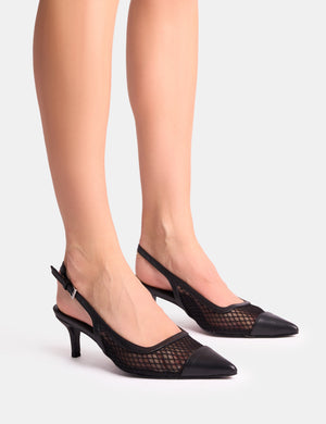 Roue Black Mesh Detail Slingback Mid Court Heels