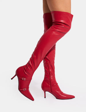 Roulette Red Pointed Toe Diamante Buckle Mid Heel Over The Knee Sock Boots