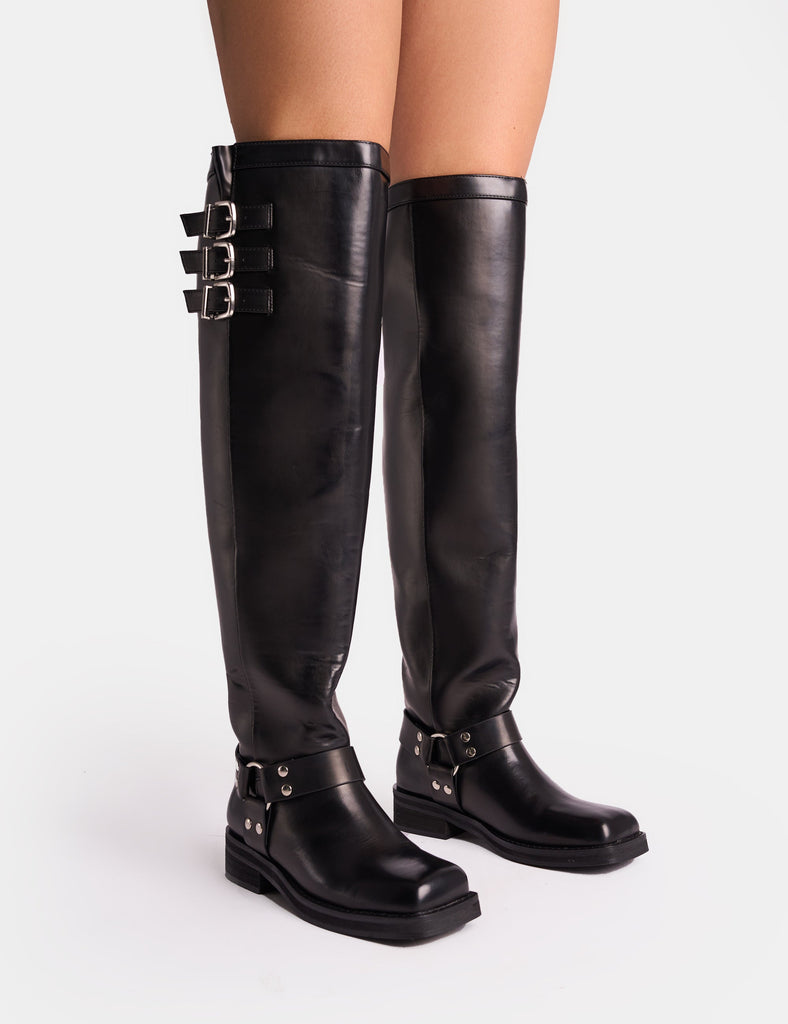 Sagittarius Vintage Black Buckle Detail Over The Knee Boots