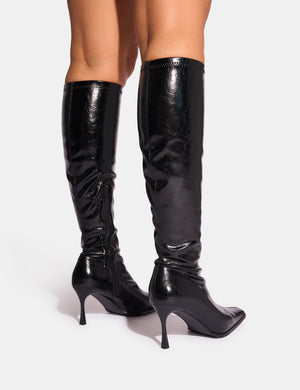 Scorpion Cracked Black Mid Heel Sock Knee High Boots