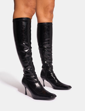 Scorpion Cracked Black Mid Heel Sock Knee High Boots