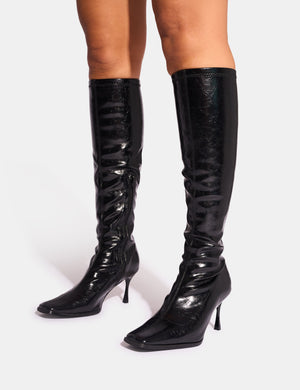 Scorpion Cracked Black Mid Heel Sock Knee High Boots