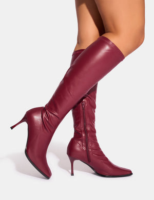 Scorpion Cracked Burgundy Mid Heel Sock Knee High Boots