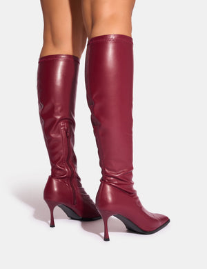 Scorpion Cracked Burgundy Mid Heel Sock Knee High Boots