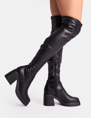 Sensored Black Chunky Sole Sock Over the Knee Boots