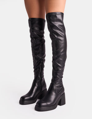 Sensored Black Chunky Sole Sock Over the Knee Boots