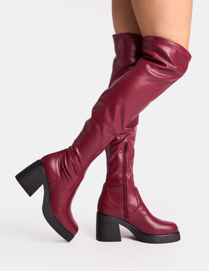 Sensored Burgundy Chunky Sole Sock Over the Knee Boots