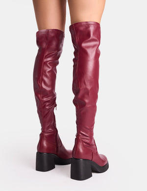 Sensored Burgundy Chunky Sole Sock Over the Knee Boots