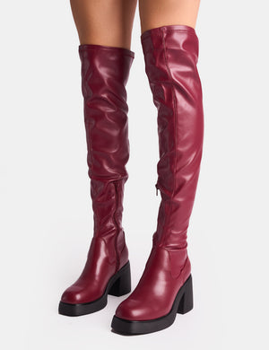 Sensored Burgundy Chunky Sole Sock Over the Knee Boots