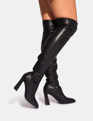 Showoff Black Pu Block Heel Over the Knee Boot