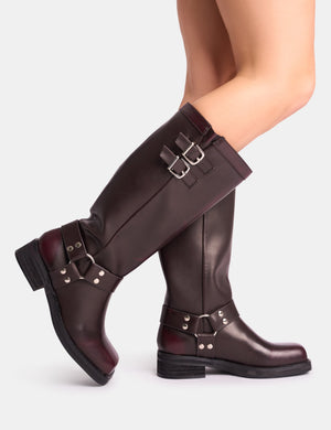 Sirius Burgundy Vintage Buckle Knee Hight Flat Boots