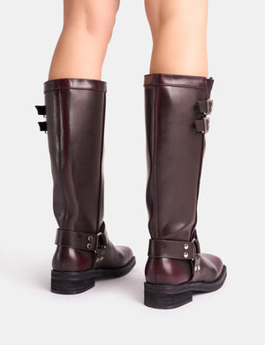 Sirius Burgundy Vintage Buckle Knee Hight Flat Boots