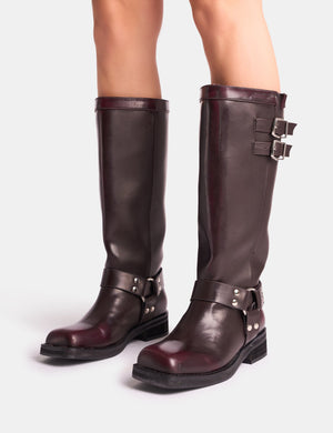 Sirius Burgundy Vintage Buckle Knee Hight Flat Boots