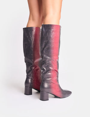 Tamira Red Ombre Block Heel Knee High Boots