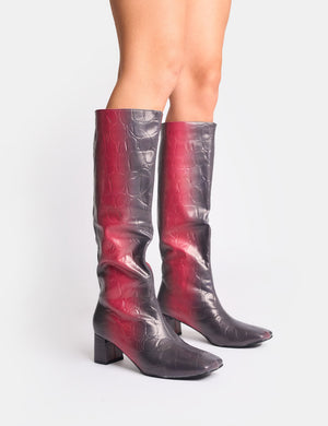 Tamira Red Ombre Block Heel Knee High Boots