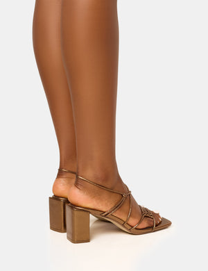 Taryn Wide Fit Bronze Knotted Upper Block Mid Heel Sandals