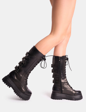 Vex Black Multi Buckle Detail Lace Up Knee High Boots