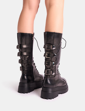 Vex Black Multi Buckle Detail Lace Up Knee High Boots