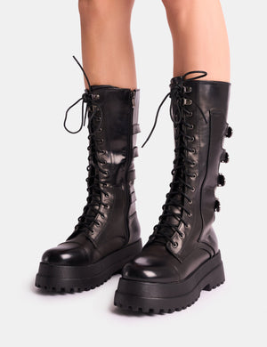 Vex Black Multi Buckle Detail Lace Up Knee High Boots