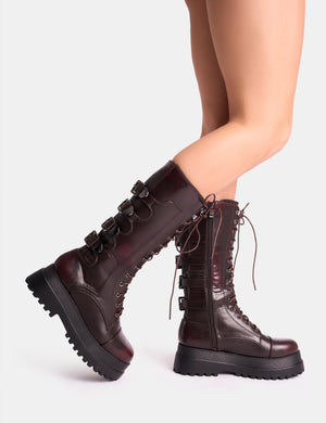 Vex Burgundy Multi Buckle Detail Lace Up Knee High Boots