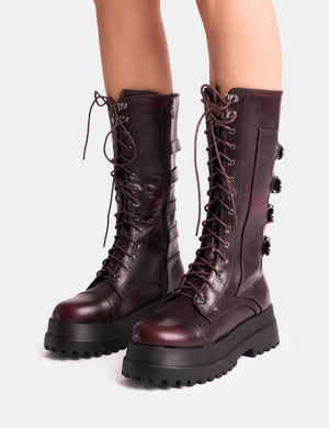 Vex Burgundy Multi Buckle Detail Lace Up Knee High Boots