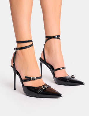 Viper Black Three Strap Buckle Detail Court Heels