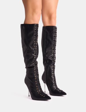 Witchcraft Black Lace Up Knee High Boots