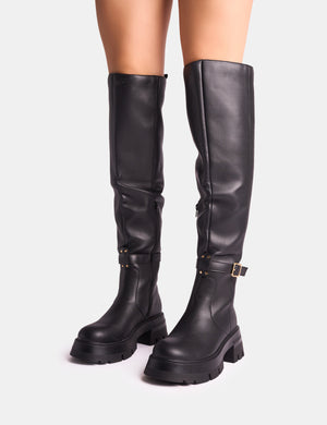 Zelda Black Pocket and Zip Detail Over the Knee Boots