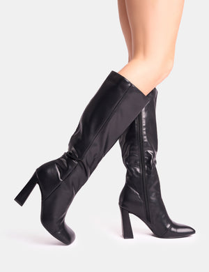 Zoya Black Slanted Toe Block Heel Knee High Sock Boots